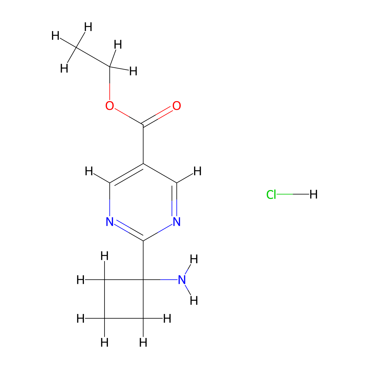 Ethyl2-(1-aminocyclobutyl)pyrimidine-5-carboxylatehydrochloride molecular structure, CAS 2460756-39-0