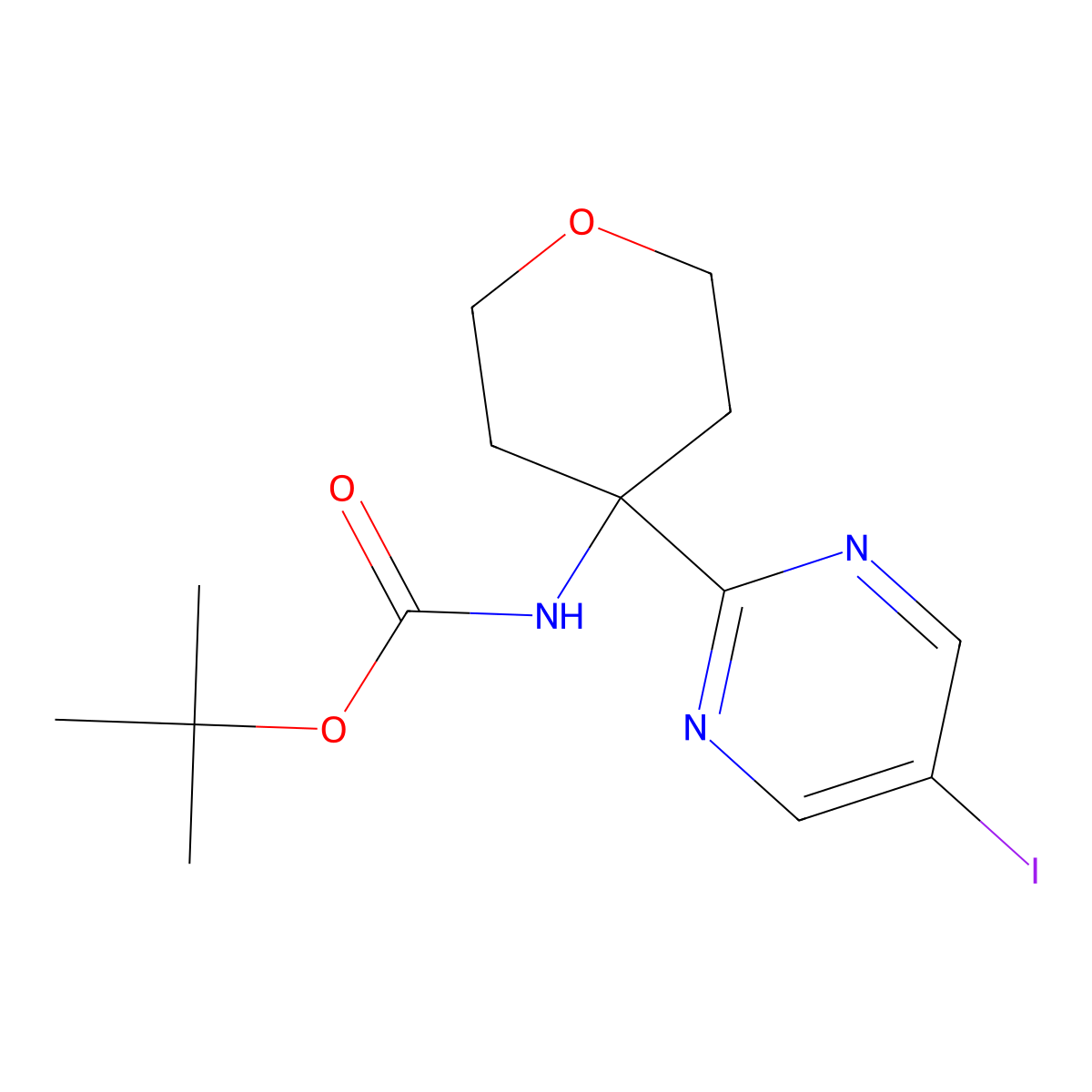 Tert-butyl N-[4-(5-iodopyrimidin-2-yl)oxan-4-yl]carbamate molecular structure, CAS 2460756-52-7