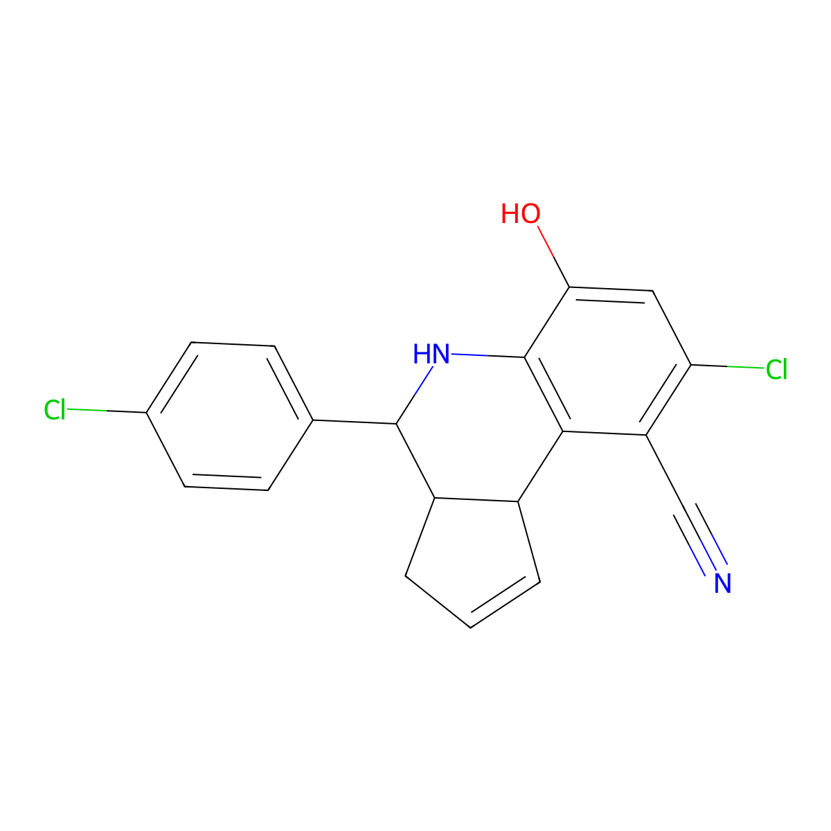 8-chloro-4-(4-chlorophenyl)-6-hydroxy-3H,3aH,4H,5H,9bH-cyclopenta[c]quinoline-9-carbonitrile molecular structure, CAS 2460756-80-1
