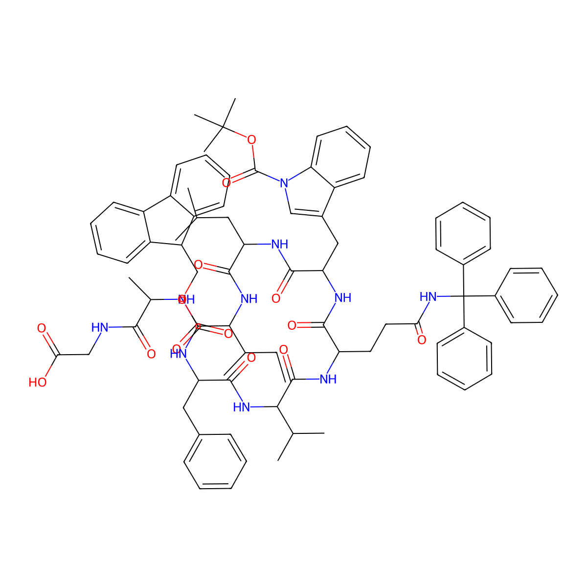 tert-butyl 3-((2S)-2-(((2S)-2-(((2S)-2-(((2S)-2-(9H-fluoren-9-ylmethoxycarbonylamino)-3-phenyl-propanoyl)amino)-3-methyl-butanoyl)amino)-5-oxo-5-(tritylamino)pentanoyl)amino)-3-(((1S)-1-(((1S,2S)-1-(((1S)-2-(2-hydroxyethylamino)-1-methyl-2-oxo-ethyl)carbamoyl)-2-methyl-butyl)carbamoyl)-3-methyl-butyl)amino)-3-oxo-propyl)indole-1-carboxylate molecular structure, CAS 2461524-68-3