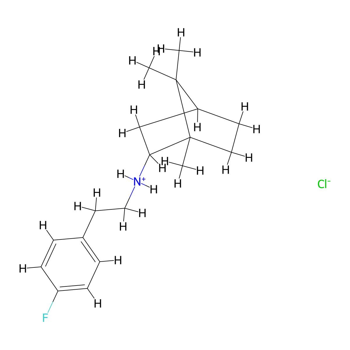 2-Bornanamine, N-(p-fluorophenethyl)-, hydrochloride, endo-(+-)- molecular structure, CAS 24629-70-7