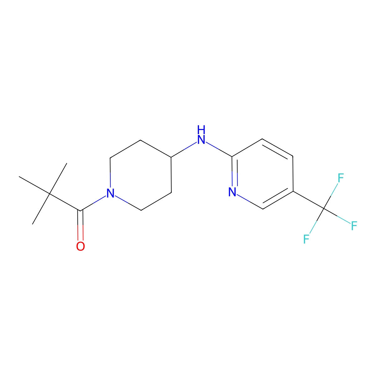 2,2-Dimethyl-1-(4-{[5-(trifluoromethyl)pyridin-2-yl]amino}piperidin-1-yl)propan-1-one molecular structure, CAS 2463369-04-0