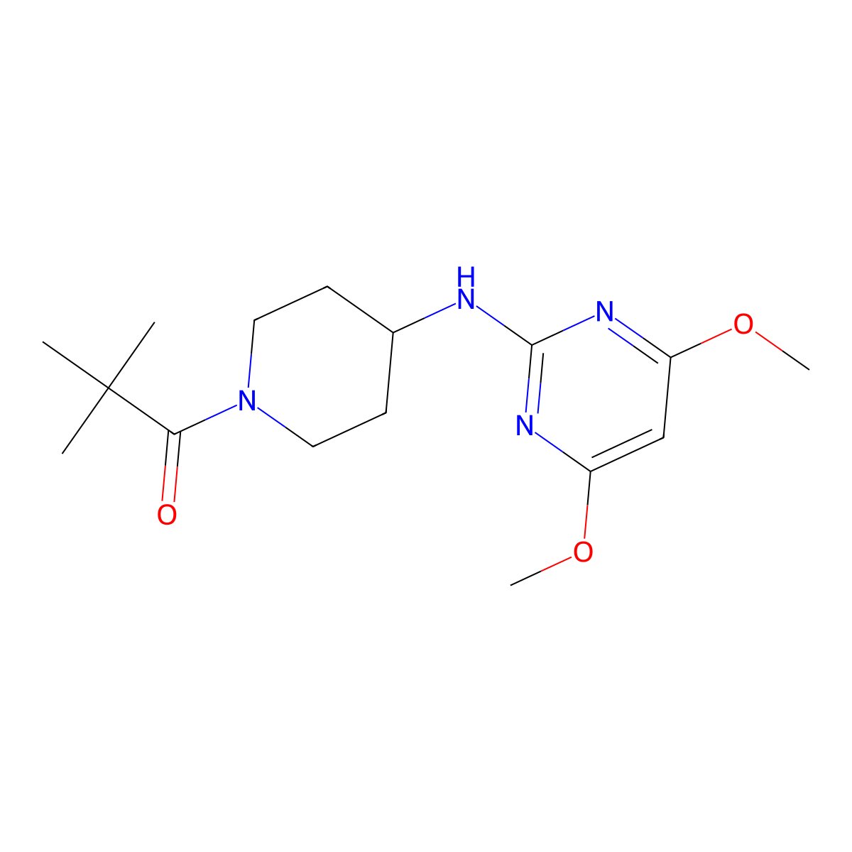 1-{4-[(4,6-Dimethoxypyrimidin-2-yl)amino]piperidin-1-yl}-2,2-dimethylpropan-1-one molecular structure, CAS 2466160-19-8