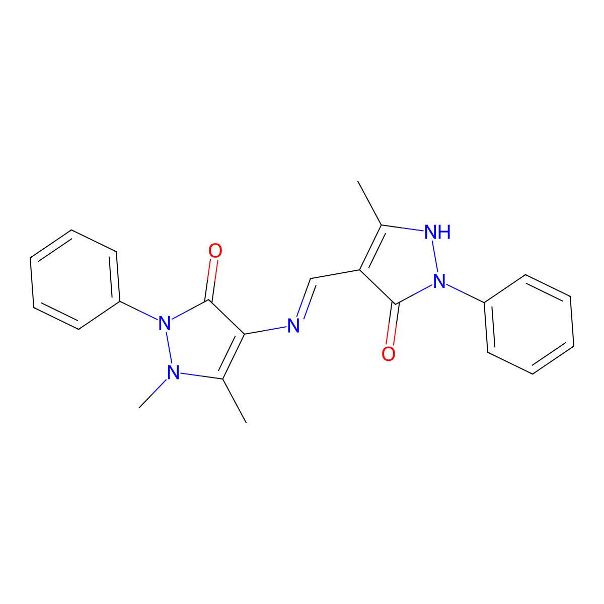2-Pyrazolin-5-one, 4-(((2,3-dimethyl-5-oxo-1-phenyl-3-pyrazolin-4-yl)amino)methylene)-3-methyl-1-phenyl- molecular structure, CAS 24664-54-8