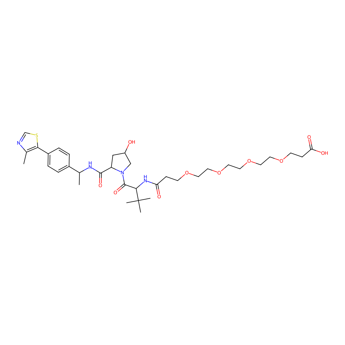 (S)-18-((2S,4R)-4-Hydroxy-2-(((S)-1-(4-(4-methylthiazol-5-yl)phenyl)ethyl)carbamoyl)pyrrolidine-1-carbonyl)-19,19-dimethyl-16-oxo-4,7,10,13-tetraoxa-17-azaicosanoic acid molecular structure, CAS 2468040-57-3