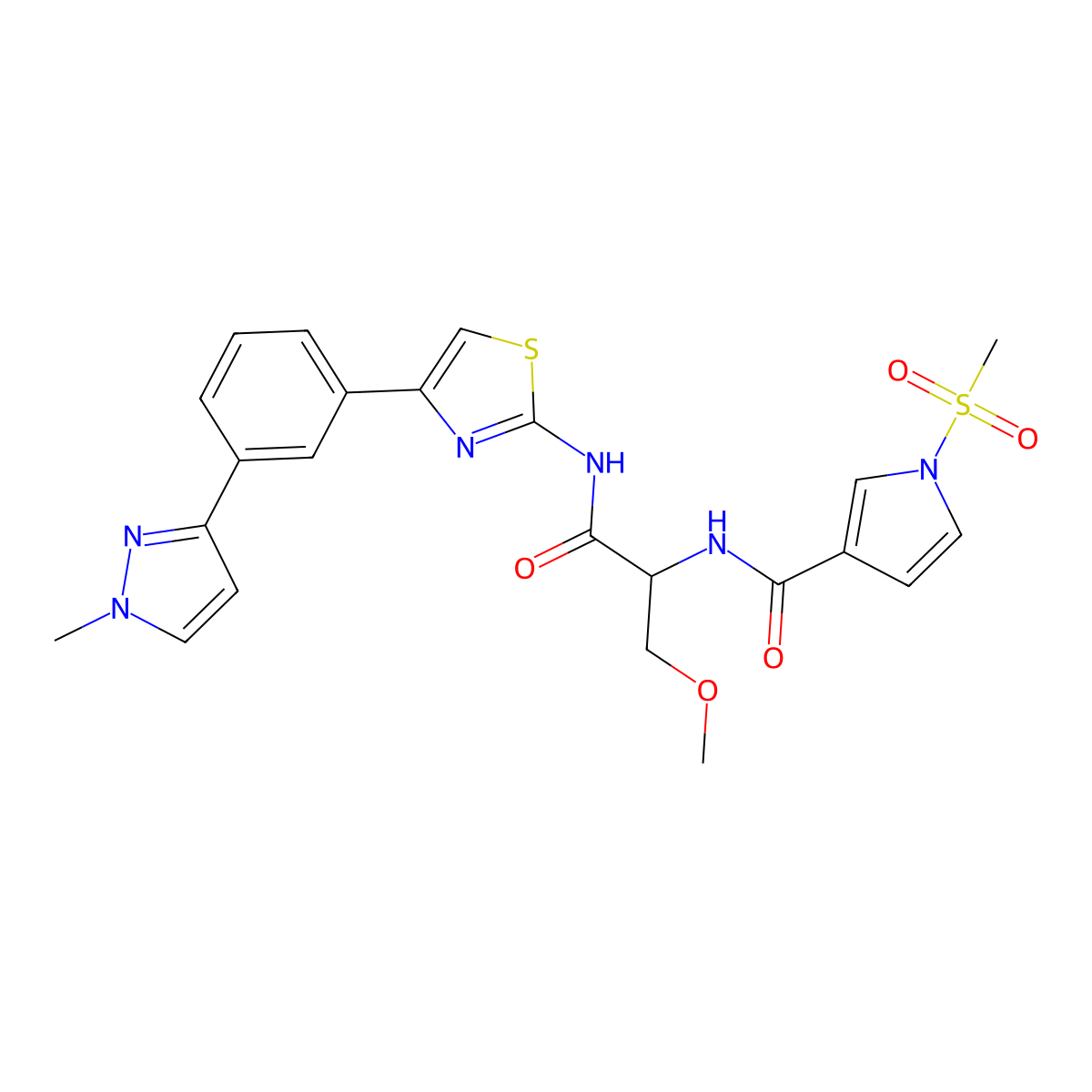 N-[(2S)-3-methoxy-1-[[4-[3-(1-methylpyrazol-3-yl)phenyl]-1,3-thiazol-2-yl]amino]-1-oxopropan-2-yl]-1-methylsulfonylpyrrole-3-carboxamide molecular structure, CAS 2468058-90-2