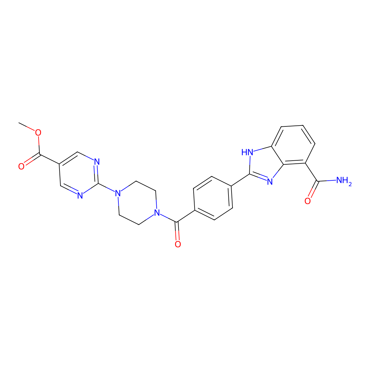 methyl 2-{4-[4-(7-carbamoyl-1H-benzimidazol-2-yl)benzene-1-carbonyl]piperazin-1-yl}pyrimidine-5-carboxylate molecular structure, CAS 2468199-58-6