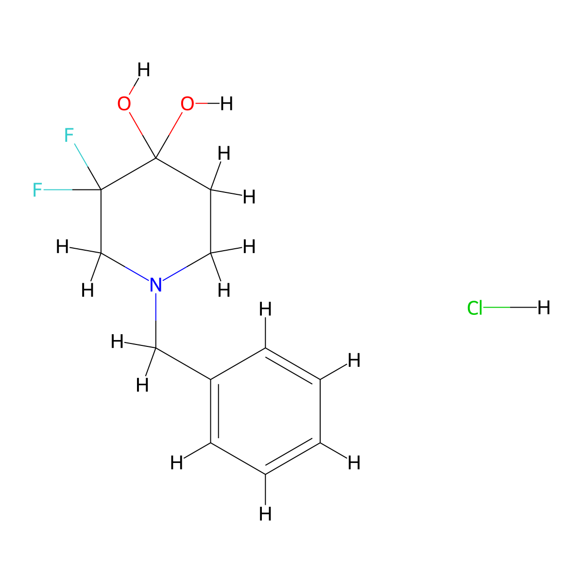 1-Benzyl-3,3-difluoropiperidine-4,4-diol hydrochloride molecular structure, CAS 2468620-75-7