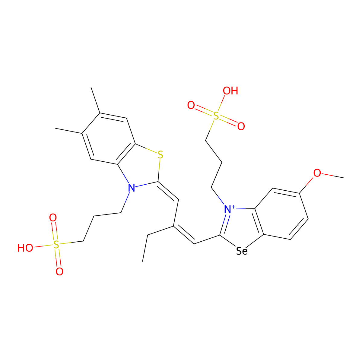 3-[2-[2-[[5-Methoxy-3-(3-sulfopropyl)-1,3-benzoselenazol-3-ium-2-yl]methylidene]butylidene]-5,6-dimethyl-1,3-benzothiazol-3-yl]propane-1-sulfonic acid molecular structure, CAS 24687-35-2