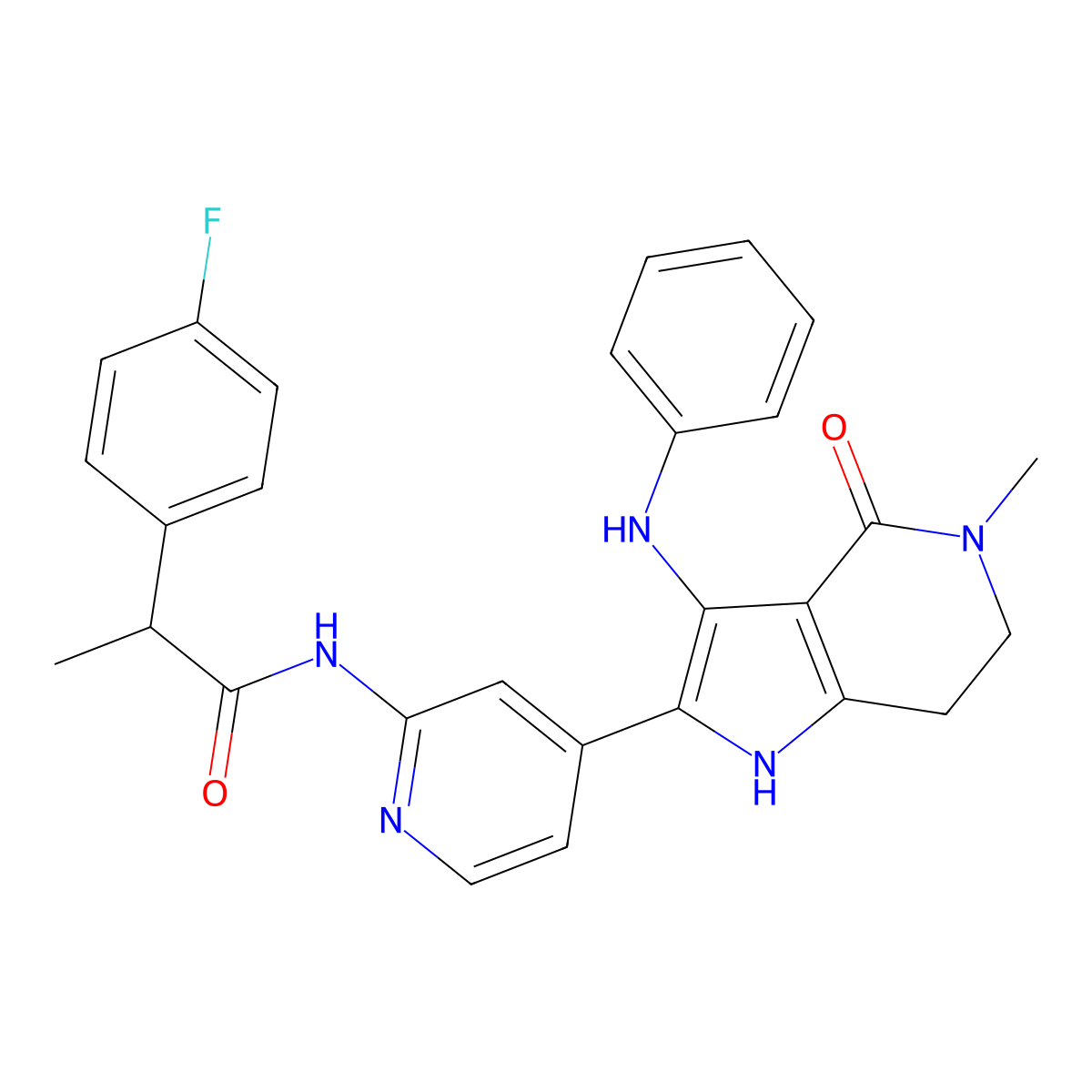 (2S)-N-[4-(3-anilino-5-methyl-4-oxo-6,7-dihydro-1H-pyrrolo[3,2-c]pyridin-2-yl)-2-pyridinyl]-2-(4-fluorophenyl)propanamide molecular structure, CAS 2468783-75-5