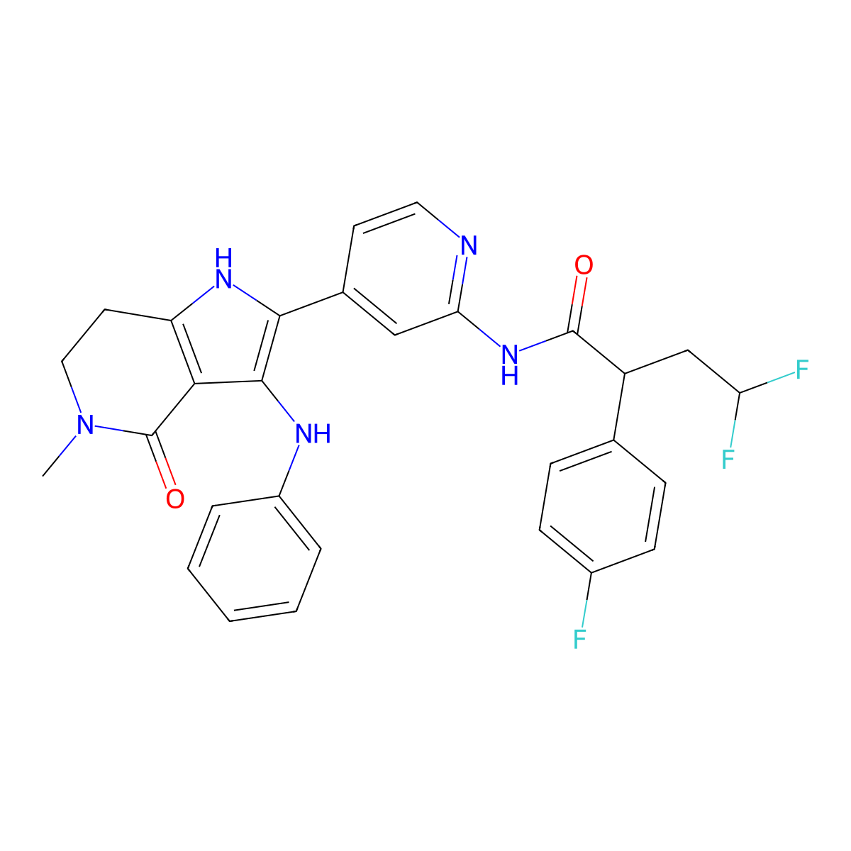 (2S)-N-[4-(3-anilino-5-methyl-4-oxo-6,7-dihydro-1H-pyrrolo[3,2-c]pyridin-2-yl)-2-pyridinyl]-4,4-difluoro-2-(4-fluorophenyl)butanamide molecular structure, CAS 2468784-57-6