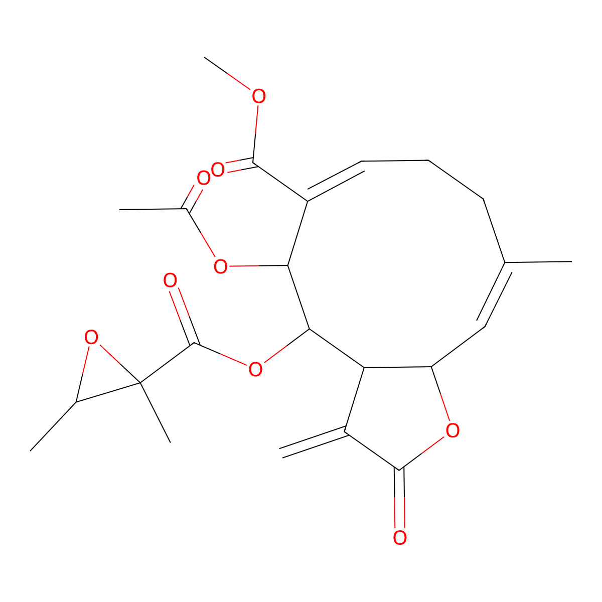Methyl 5-acetyloxy-4-(2,3-dimethyloxirane-2-carbonyl)oxy-10-methyl-3-methylidene-2-oxo-3a,4,5,8,9,11a-hexahydrocyclodeca[b]furan-6-carboxylate molecular structure, CAS 24694-79-9