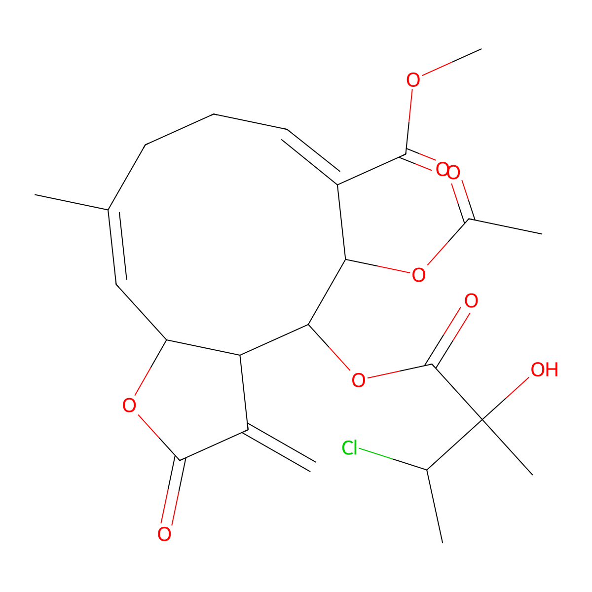 Methyl 5-acetyloxy-4-(3-chloro-2-hydroxy-2-methylbutanoyl)oxy-10-methyl-3-methylidene-2-oxo-3a,4,5,8,9,11a-hexahydrocyclodeca[b]furan-6-carboxylate molecular structure, CAS 24694-80-2