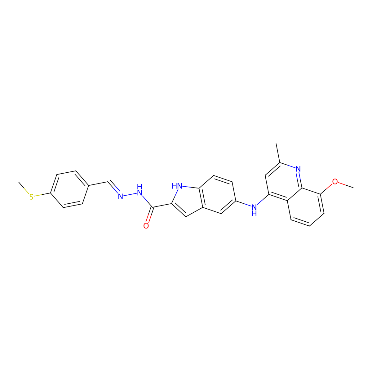 5-[(8-methoxy-2-methylquinolin-4-yl)amino]-N'-[(E)-[4-(methylsulfanyl)phenyl]methylidene]-1H-indole-2-carbohydrazide molecular structure, CAS 2469975-55-9