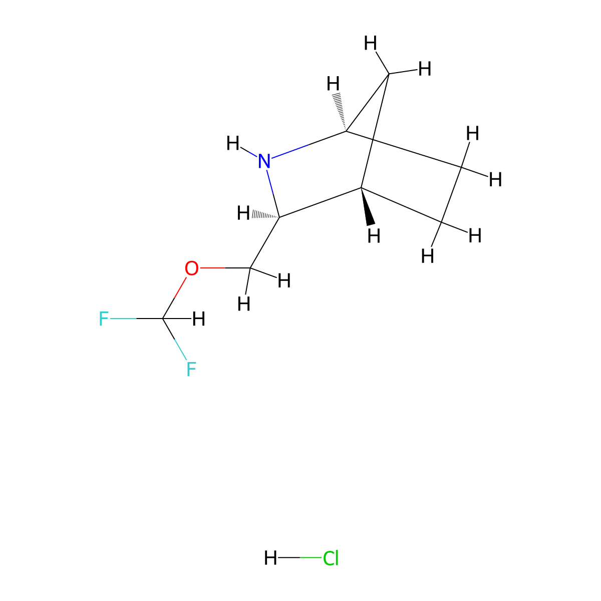 (1R,3S,4S)-3-((difluoromethoxy)methyl)-2-azabicyclo(2.2.1)heptane hydrochloride molecular structure, CAS 2470280-12-5