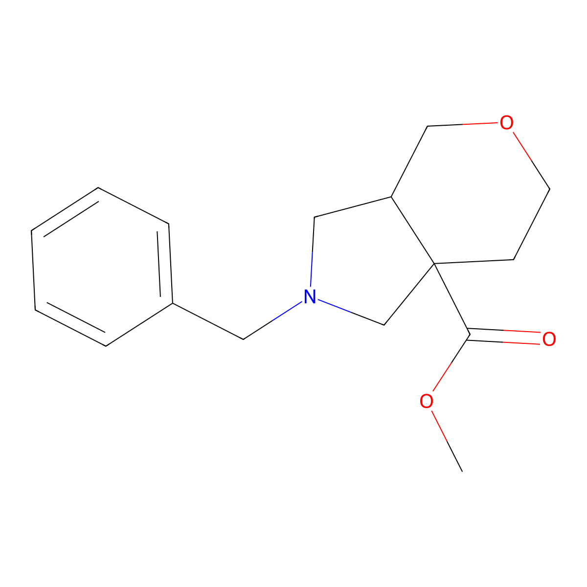 rac-methyl(3aR,7aR)-2-benzyl-octahydropyrano[3,4-c]pyrrole-7a-carboxylate,cis molecular structure, CAS 2470280-22-7