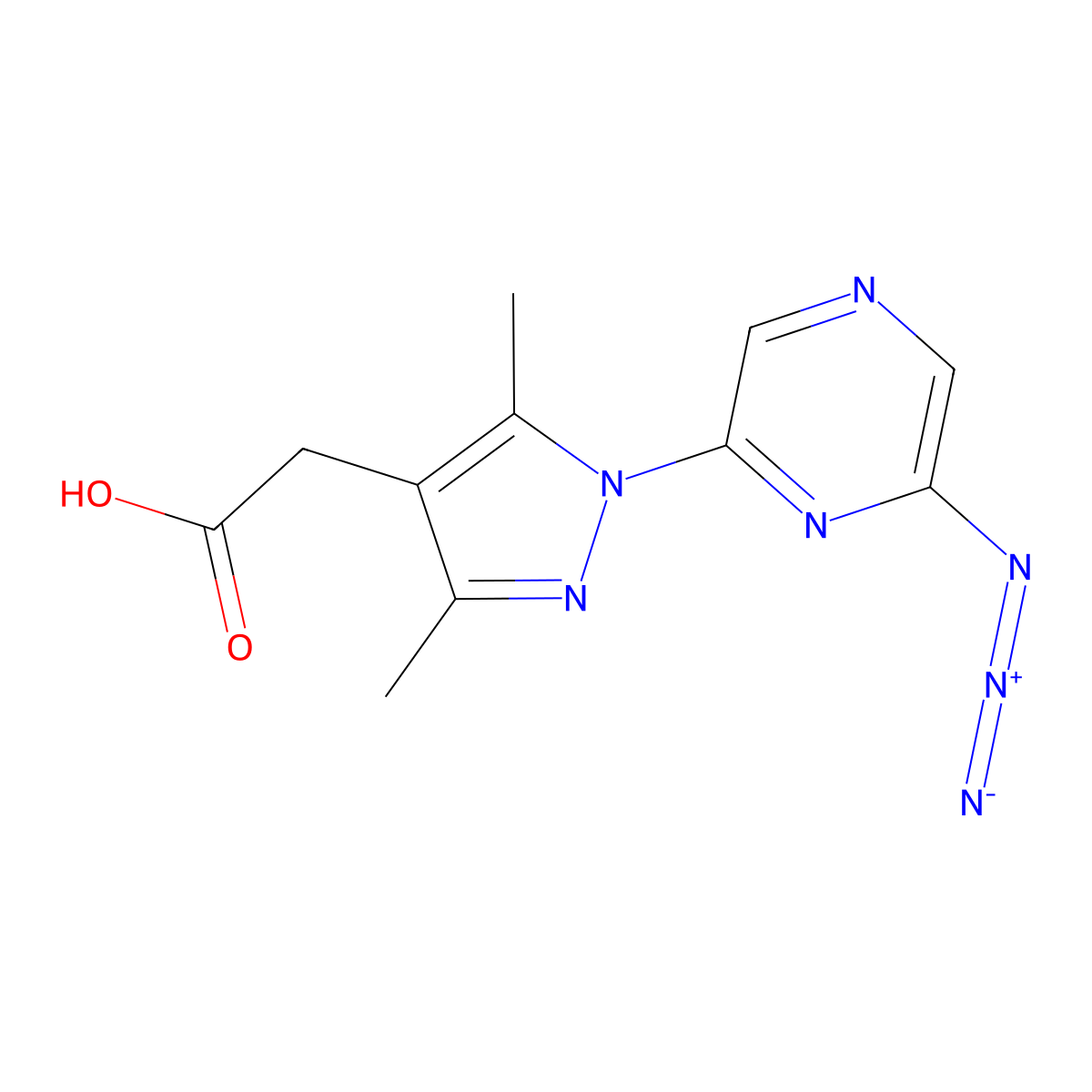 2-[1-(6-azidopyrazin-2-yl)-3,5-dimethyl-1H-pyrazol-4-yl]acetic acid molecular structure, CAS 2470436-49-6