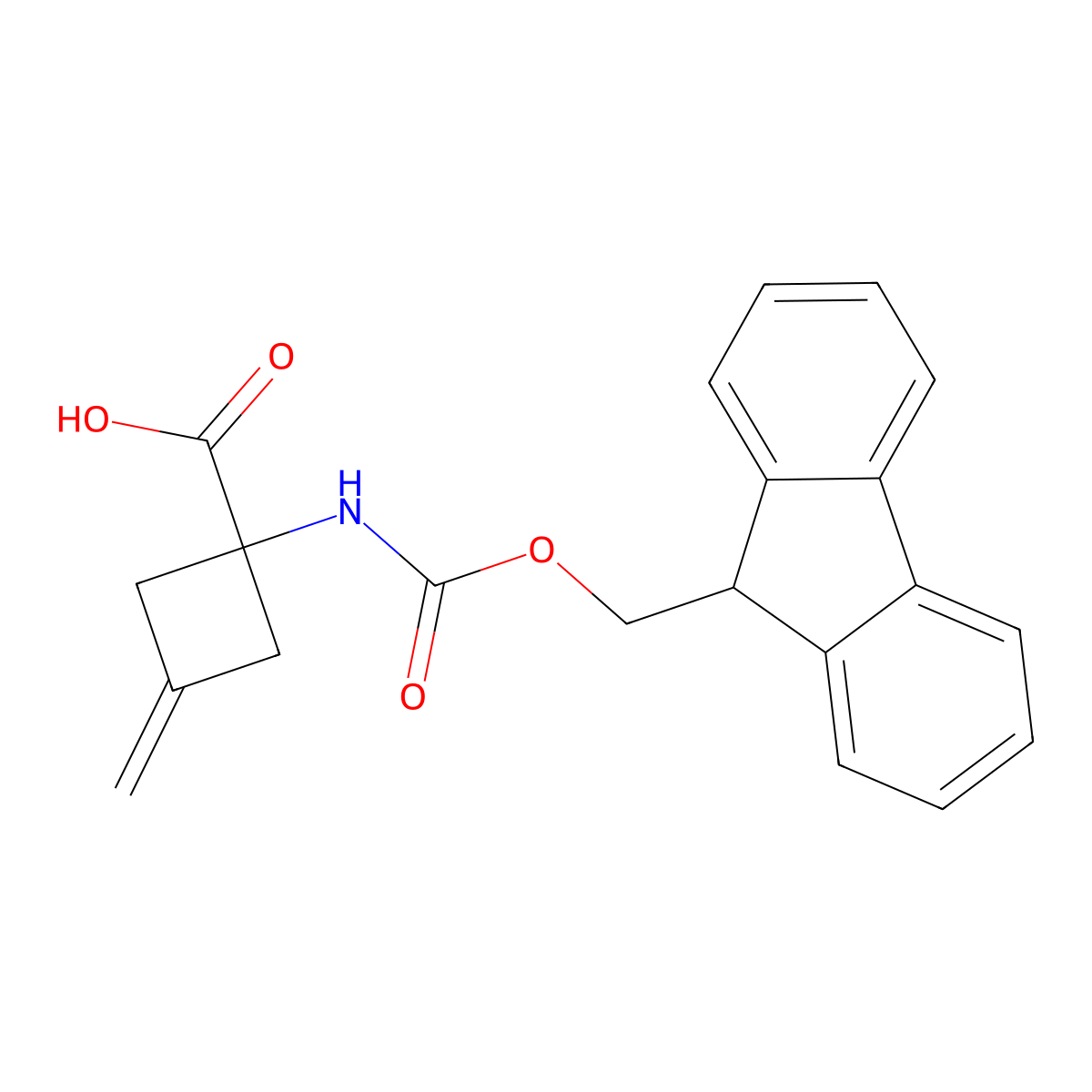 1-((((9H-Fluoren-9-yl)methoxy)carbonyl)amino)-3-methylenecyclobutanecarboxylic acid molecular structure, CAS 2470437-08-0