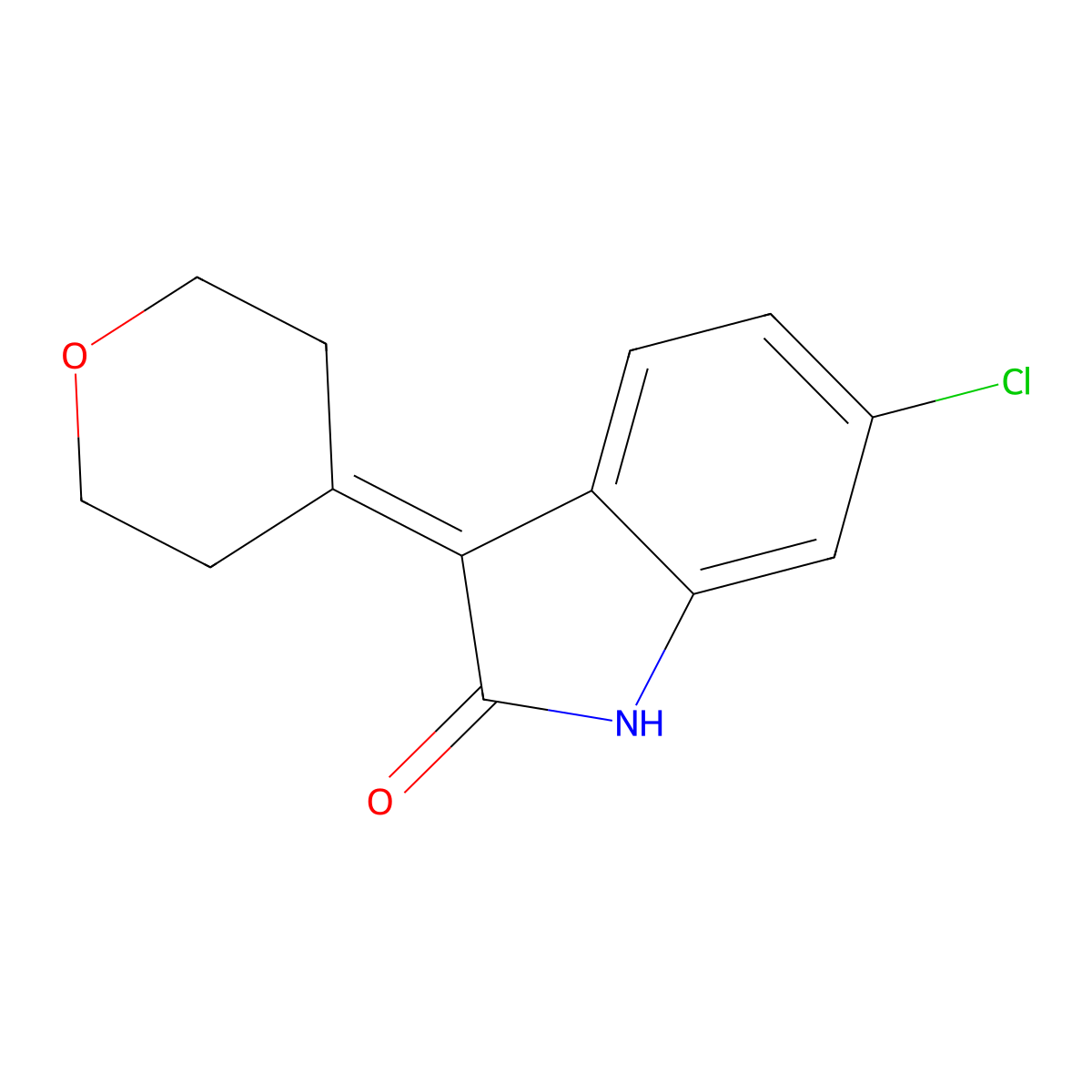 6-chloro-3-(oxan-4-ylidene)-2,3-dihydro-1H-indol-2-one molecular structure, CAS 2470437-11-5