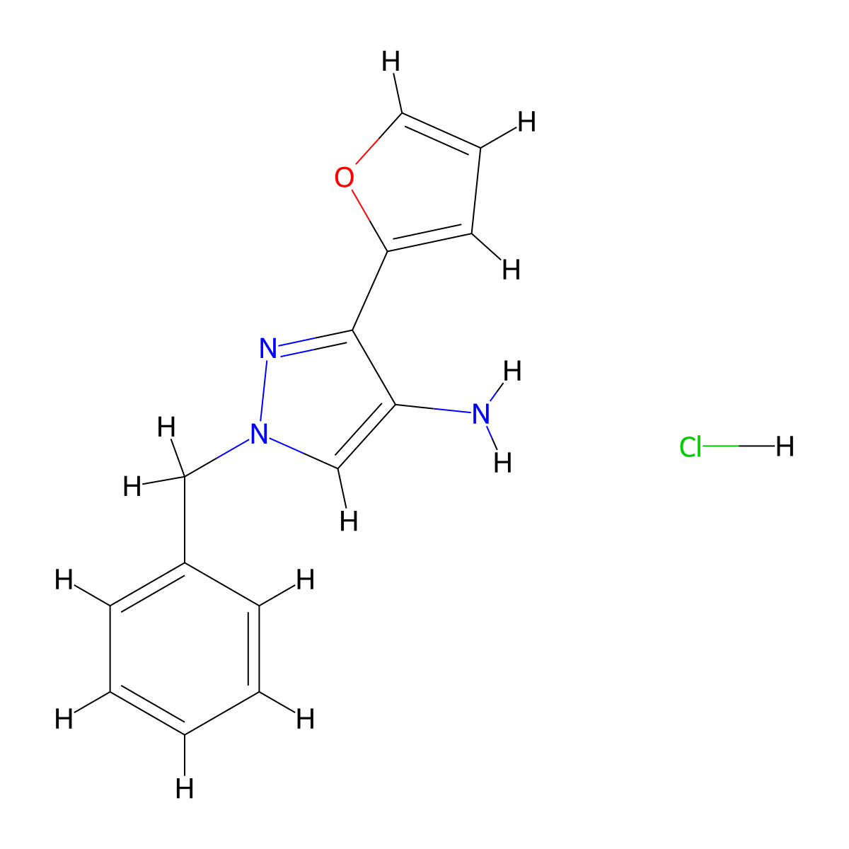 1-Benzyl-3-(furan-2-yl)pyrazol-4-amine;hydrochloride molecular structure, CAS 2470438-89-0