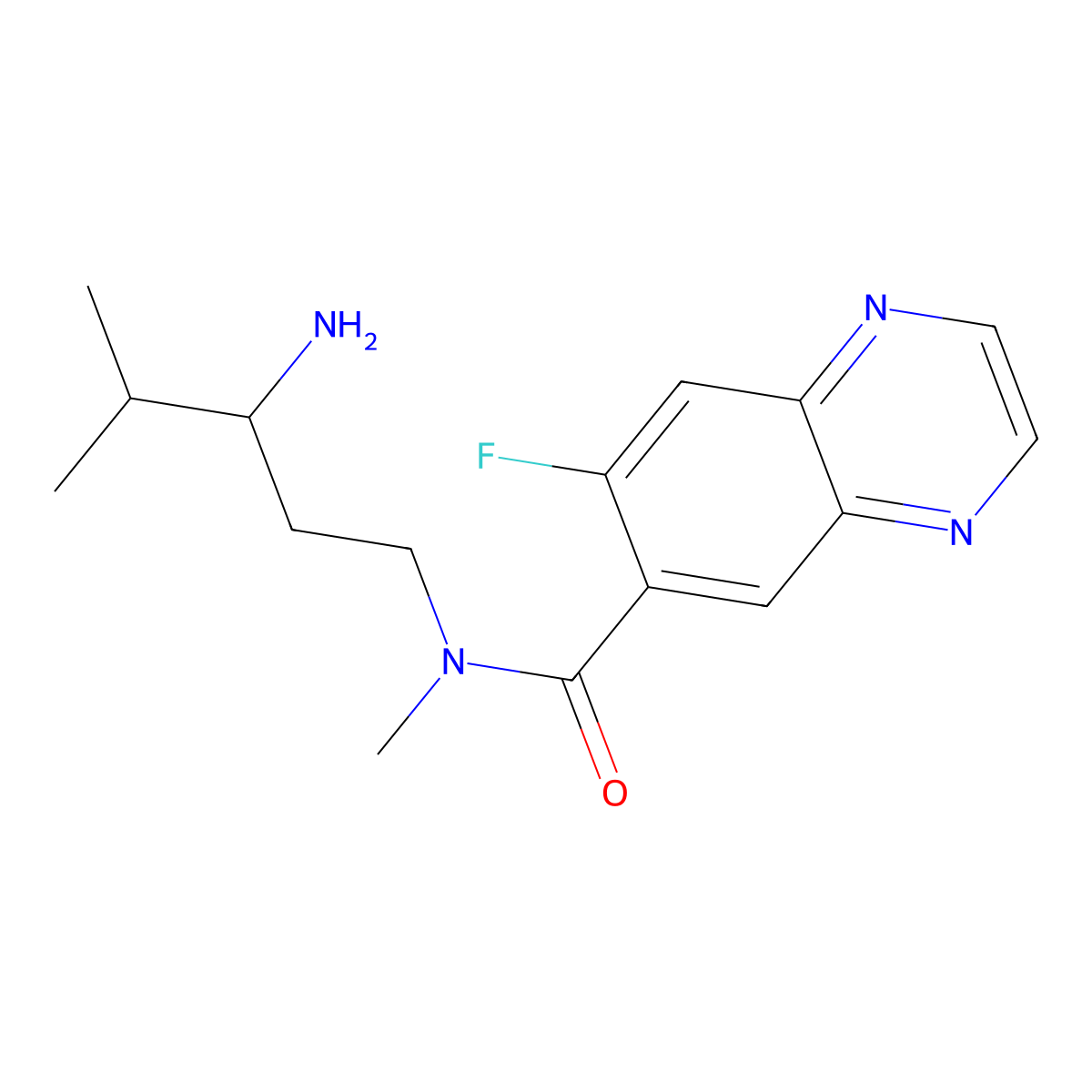 N-(3-Amino-4-methylpentyl)-7-fluoro-N-methylquinoxaline-6-carboxamide molecular structure, CAS 2470439-25-7