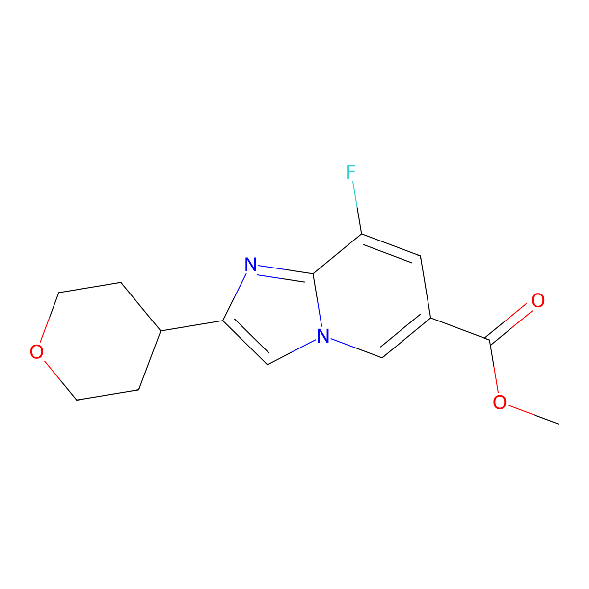 Methyl 8-fluoro-2-(oxan-4-yl)imidazo[1,2-a]pyridine-6-carboxylate molecular structure, CAS 2470439-49-5