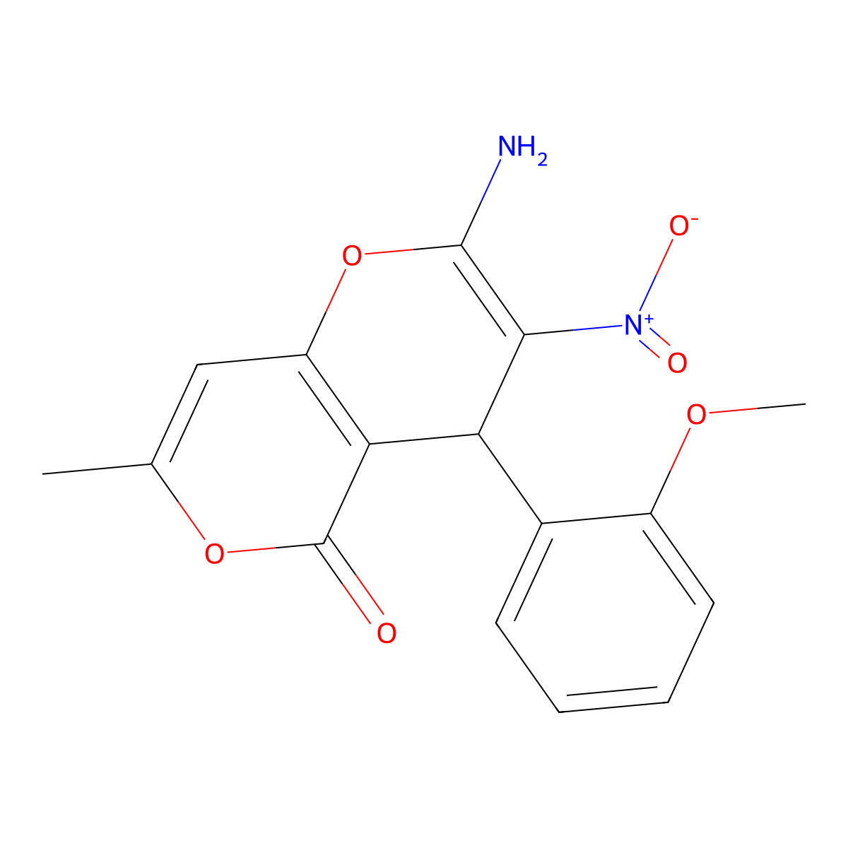 2-amino-4-(2-methoxyphenyl)-7-methyl-3-nitro-4H-pyrano[3,2-c]pyran-5-one molecular structure, CAS 247079-70-5