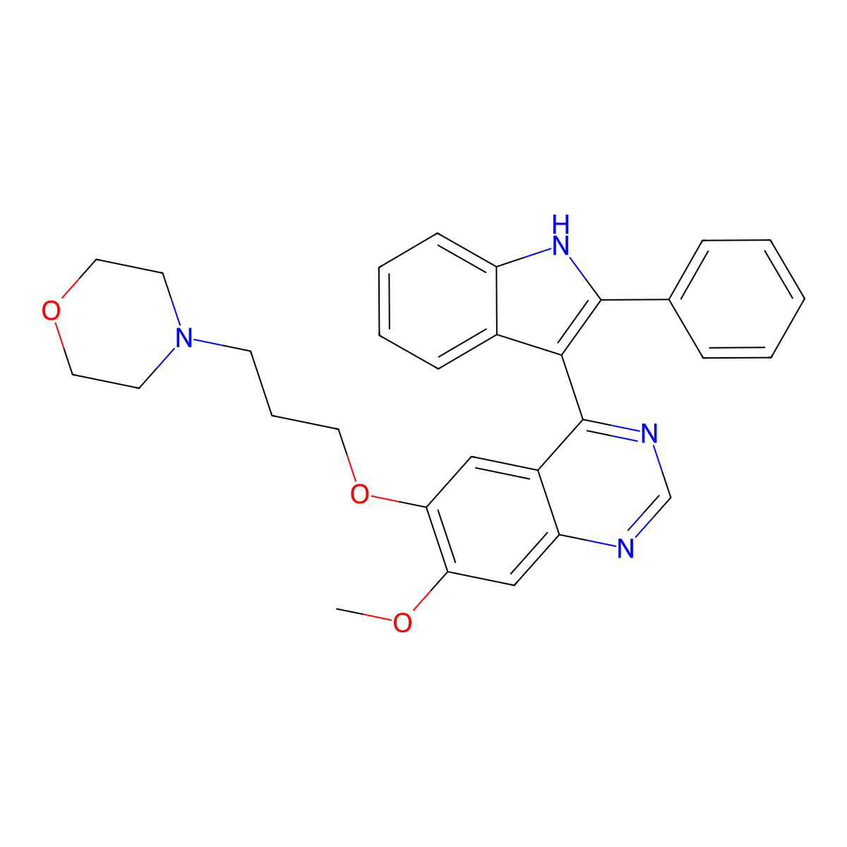 4-[3-[7-methoxy-4-(2-phenyl-1H-indol-3-yl)quinazolin-6-yl]oxypropyl]morpholine molecular structure, CAS 2470908-90-6