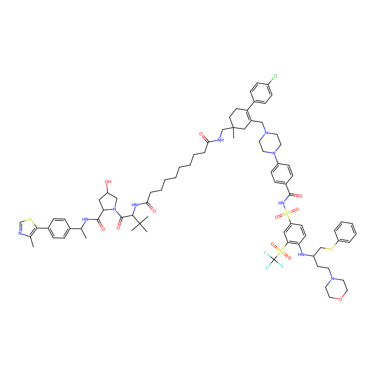 N-[[(1R)-4-(4-chlorophenyl)-1-methyl-3-[[4-[4-[[4-[[(2R)-4-morpholin-4-yl-1-phenylsulfanylbutan-2-yl]amino]-3-(trifluoromethylsulfonyl)phenyl]sulfonylcarbamoyl]phenyl]piperazin-1-yl]methyl]cyclohex-3-en-1-yl]methyl]-N'-[(2S)-1-[(2S,4R)-4-hydroxy-2-[[(1S)-1-[4-(4-methyl-1,3-thiazol-5-yl)phenyl]ethyl]carbamoyl]pyrrolidin-1-yl]-3,3-dimethyl-1-oxobutan-2-yl]decanediamide molecular structure, CAS 2471970-56-4