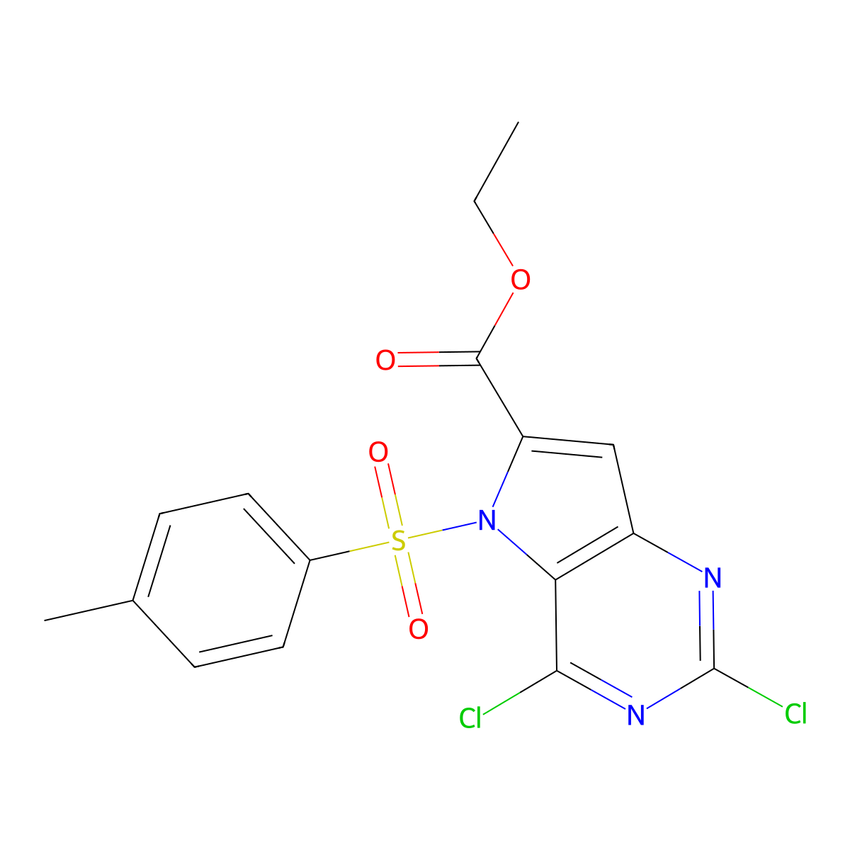 2,4-Dichloro-5-(toluene-4-sulfonyl)-5H-pyrrolo[3,2-d]pyrimidine-6-carboxylic acid ethyl ester molecular structure, CAS 2472671-97-7