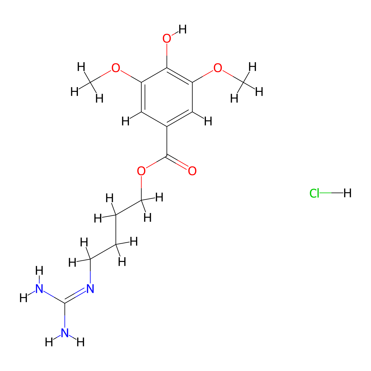 4-((Diaminomethylidene)amino)butyl 4-hydroxy-3,5-dimethoxybenzoate--hydrogen chloride (1/1) molecular structure, CAS 24735-18-0