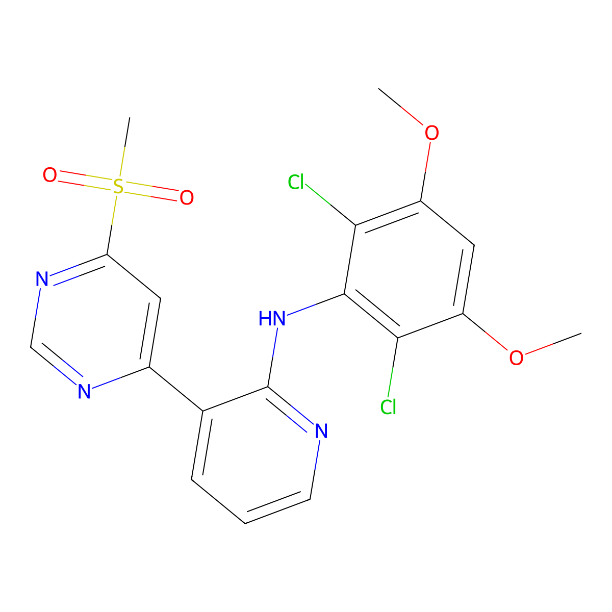 N-(2,6-dichloro-3,5-dimethoxyphenyl)-3-(6-(methylsulfonyl)pyrimidin-4-yl)pyridin-2-amine molecular structure, CAS 2474721-56-5