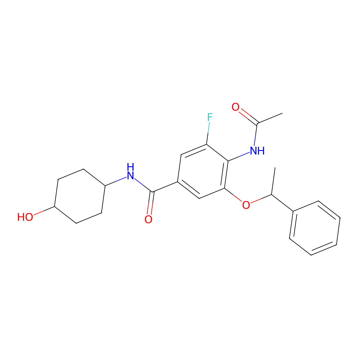4-(acetylamino)-3-fluoro-N-(trans-4-hydroxycyclohexyl)-5-[(1S)-1-phenylethoxy]benzamide molecular structure, CAS 2474876-09-8