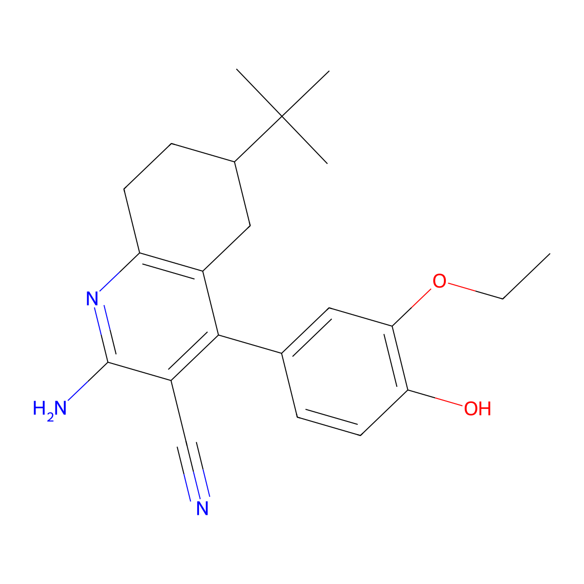 2-Amino-6-(tert-butyl)-4-(3-ethoxy-4-hydroxyphenyl)-5,6,7,8-tetrahydroquinoline-3-carbonitrile molecular structure, CAS 247592-55-8