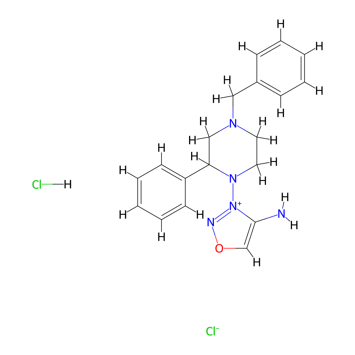 4-Amino-3-(4-benzyl-2-phenylpiperazin-1-yl)-3H-1,2,3-oxadiazol-1-ium chloride--hydrogen chloride (1/1/1) molecular structure, CAS 24796-57-4