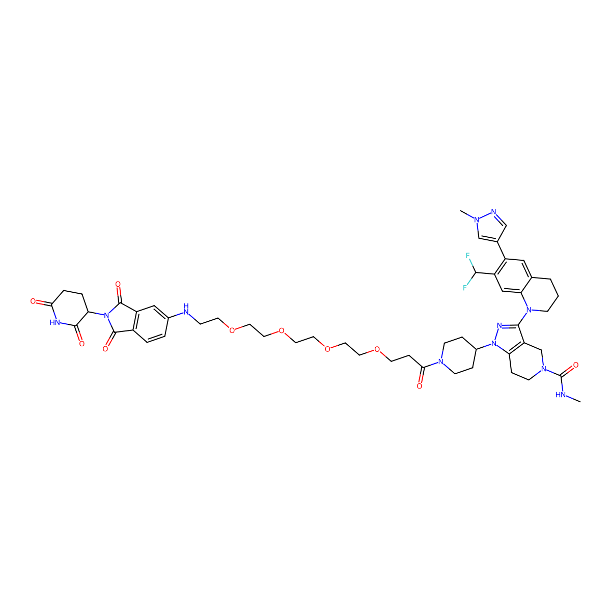 3-[7-(difluoromethyl)-6-(1-methyl-1H-pyrazol-4-yl)-1,2,3,4-tetrahydroquinolin-1-yl]-1-[1-(1-{[2-(2,6-dioxopiperidin-3-yl)-1,3-dioxo-2,3-dihydro-1H-isoindol-5-yl]amino}-3,6,9,12-tetraoxapentadecanoyl)piperidin-4-yl]-N-methyl-1H,4H,5H,6H,7H-pyrazolo[4,3-c]pyridine-5-carboxamide molecular structure, CAS 2484739-25-3