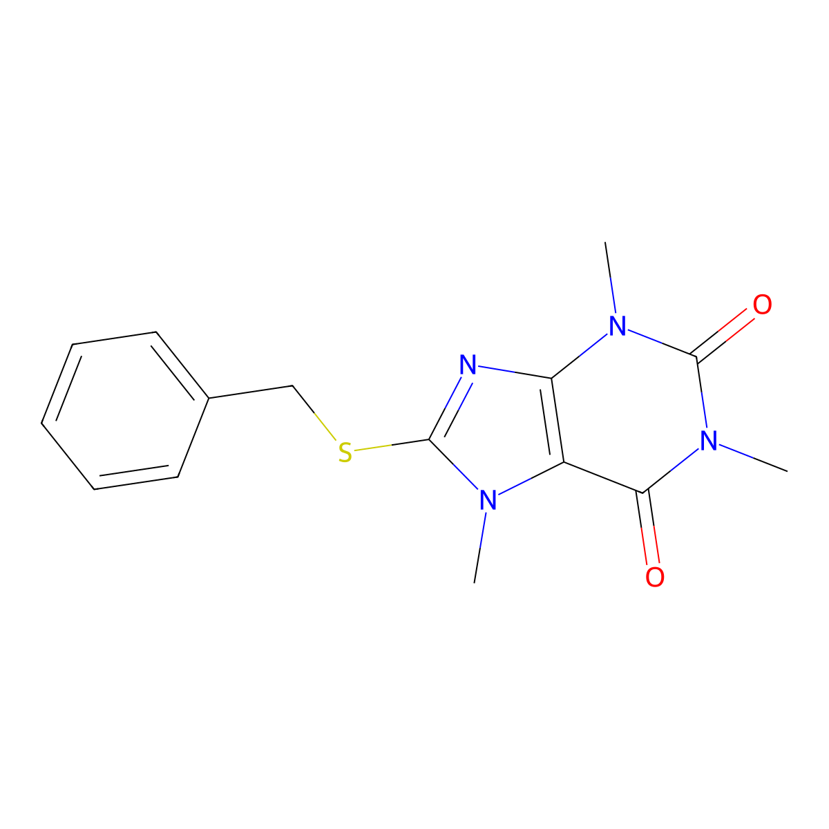 8-Benzylsulfanyl-1,3,7-trimethylpurine-2,6-dione molecular structure, CAS 24851-28-3