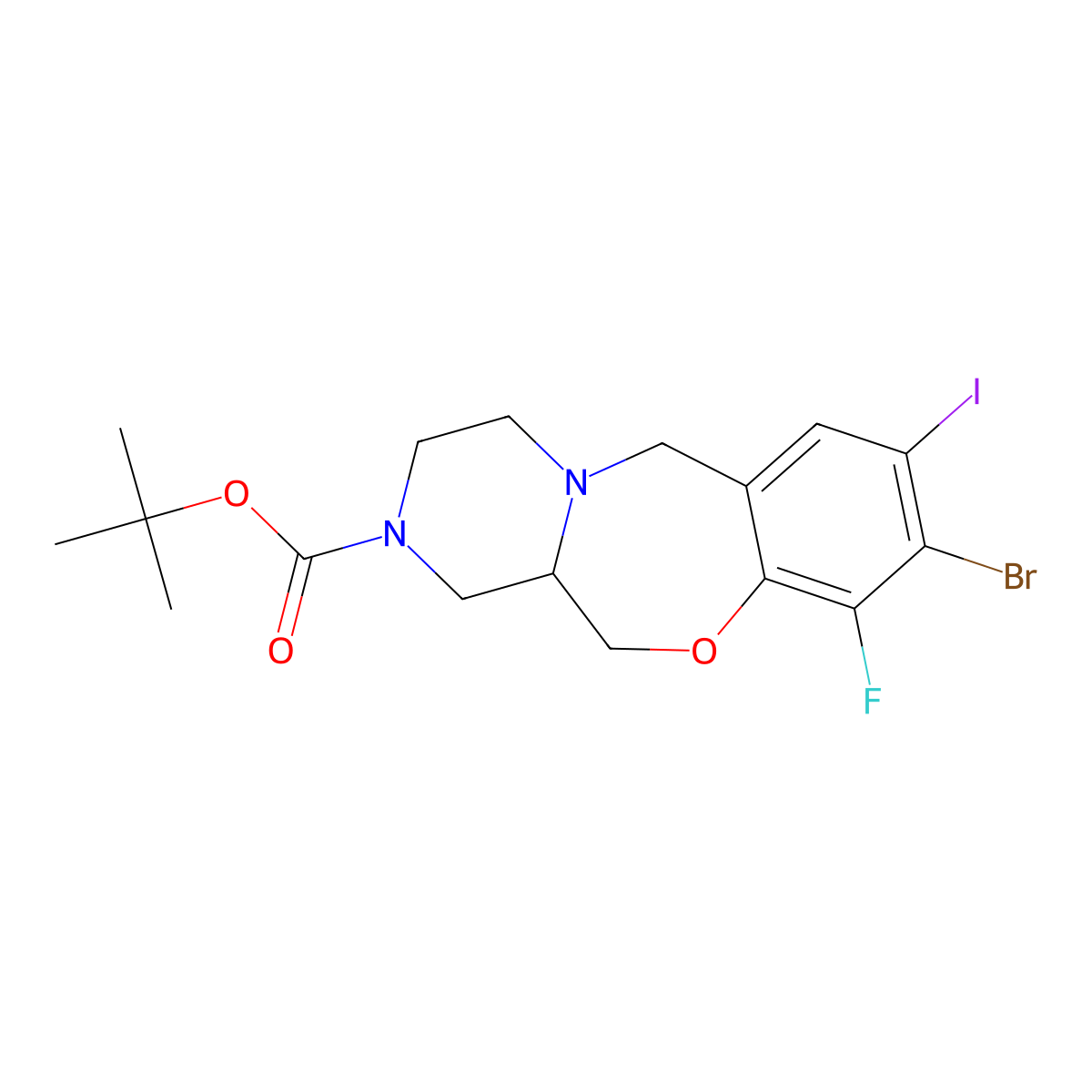 tert-Butyl (R)-9-bromo-10-fluoro-8-iodo-3,4,12,12a-tetrahydro-6H-benzo[f]pyrazino[2,1-c][1,4]oxazepine-2(1H)-carboxylate molecular structure, CAS 2487481-56-9