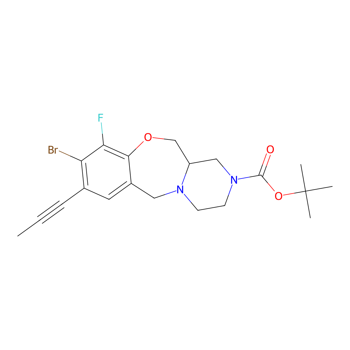 tert-Butyl (R)-9-bromo-10-fluoro-8-(prop-1-yn-1-yl)-3,4,12,12a-tetrahydro-6H-benzo[f]pyrazino[2,1-c][1,4]oxazepine-2(1H)-carboxylate molecular structure, CAS 2487481-80-9