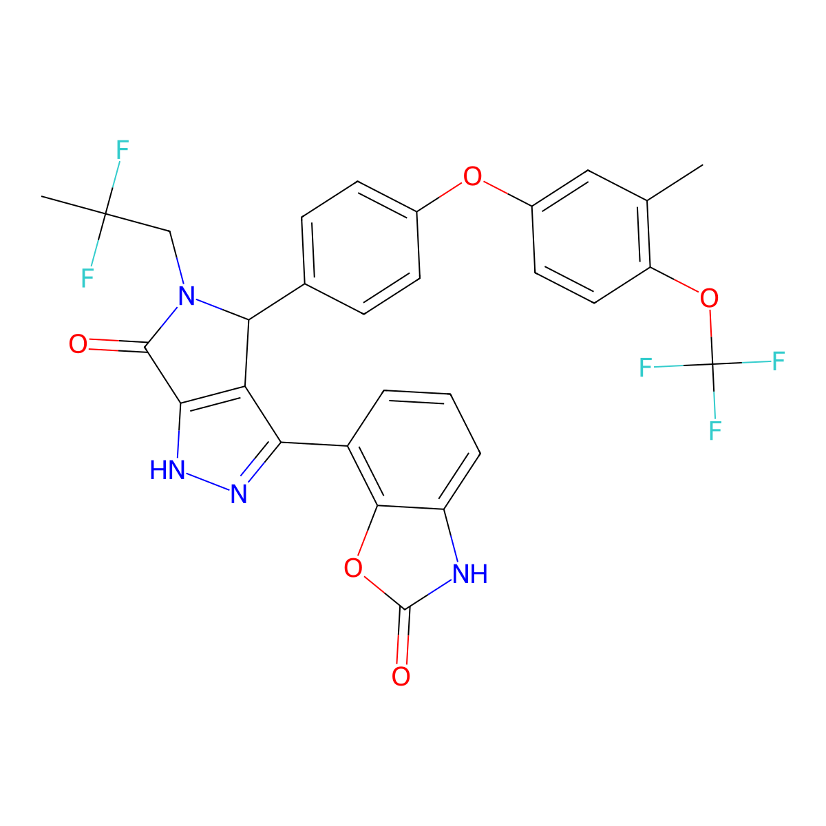 7-[5-(2,2-difluoropropyl)-4-[4-[3-methyl-4-(trifluoromethoxy)phenoxy]phenyl]-6-oxo-1,4-dihydropyrrolo[3,4-d]pyrazol-3-yl]-3H-1,3-benzoxazol-2-one molecular structure, CAS 2488609-21-6