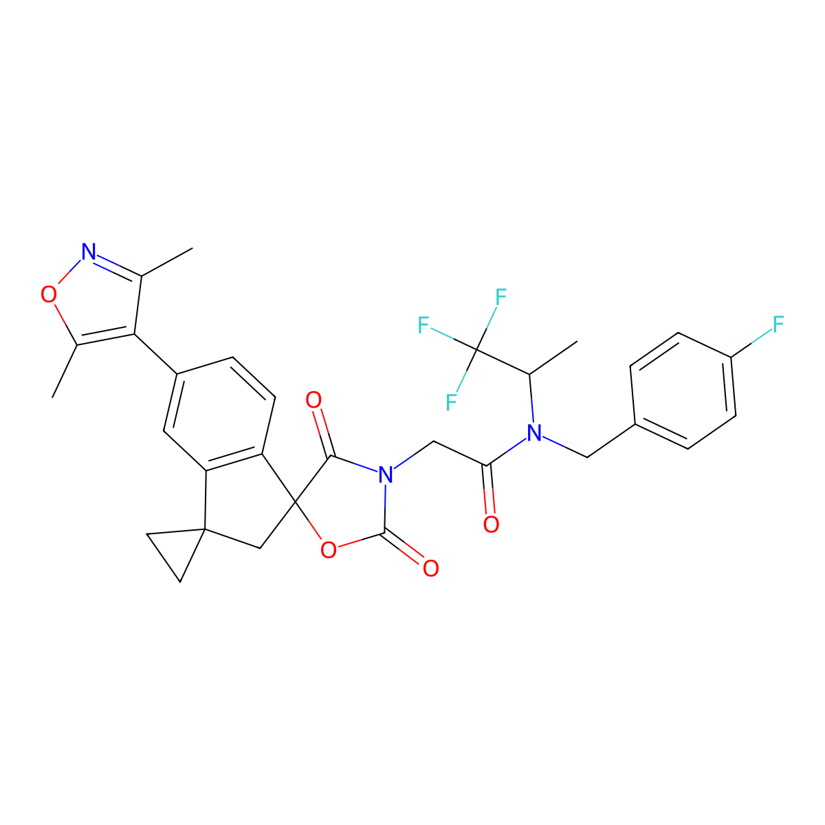 2-(5'-(3,5-dimethylisoxazol-4-yl)-2'',4''-dioxo-2'H-dispiro[cyclopropane-1,3'-indene-1',5''-oxazolidin]-3''-yl)-N-(4-fluorobenzyl)-N-((S)-1,1,1-trifluoropropan-2-yl)acetamide molecular structure, CAS 2488868-63-7