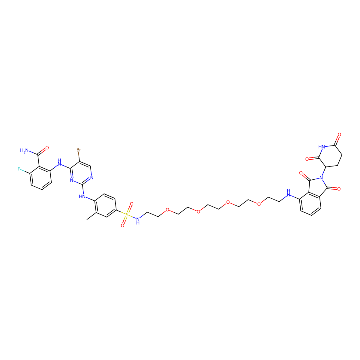 2-[[5-Bromo-2-[4-[2-[2-[2-[2-[2-[[2-(2,6-dioxopiperidin-3-yl)-1,3-dioxoisoindol-4-yl]amino]ethoxy]ethoxy]ethoxy]ethoxy]ethylsulfamoyl]-2-methylanilino]pyrimidin-4-yl]amino]-6-fluorobenzamide molecular structure, CAS 2488892-09-5