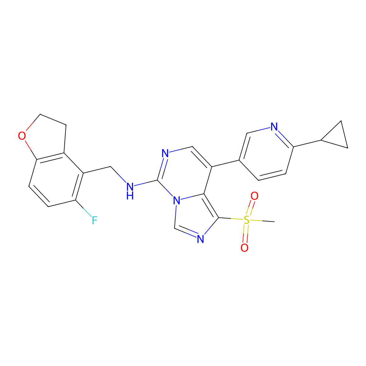8-(6-cyclopropylpyridin-3-yl)-N-((5-fluoro-2,3-dihydrobenzofuran-4-yl)methyl)-1-(methylsulfonyl)imidazo[1,5-c]pyrimidin-5-amine molecular structure, CAS 2488952-40-3
