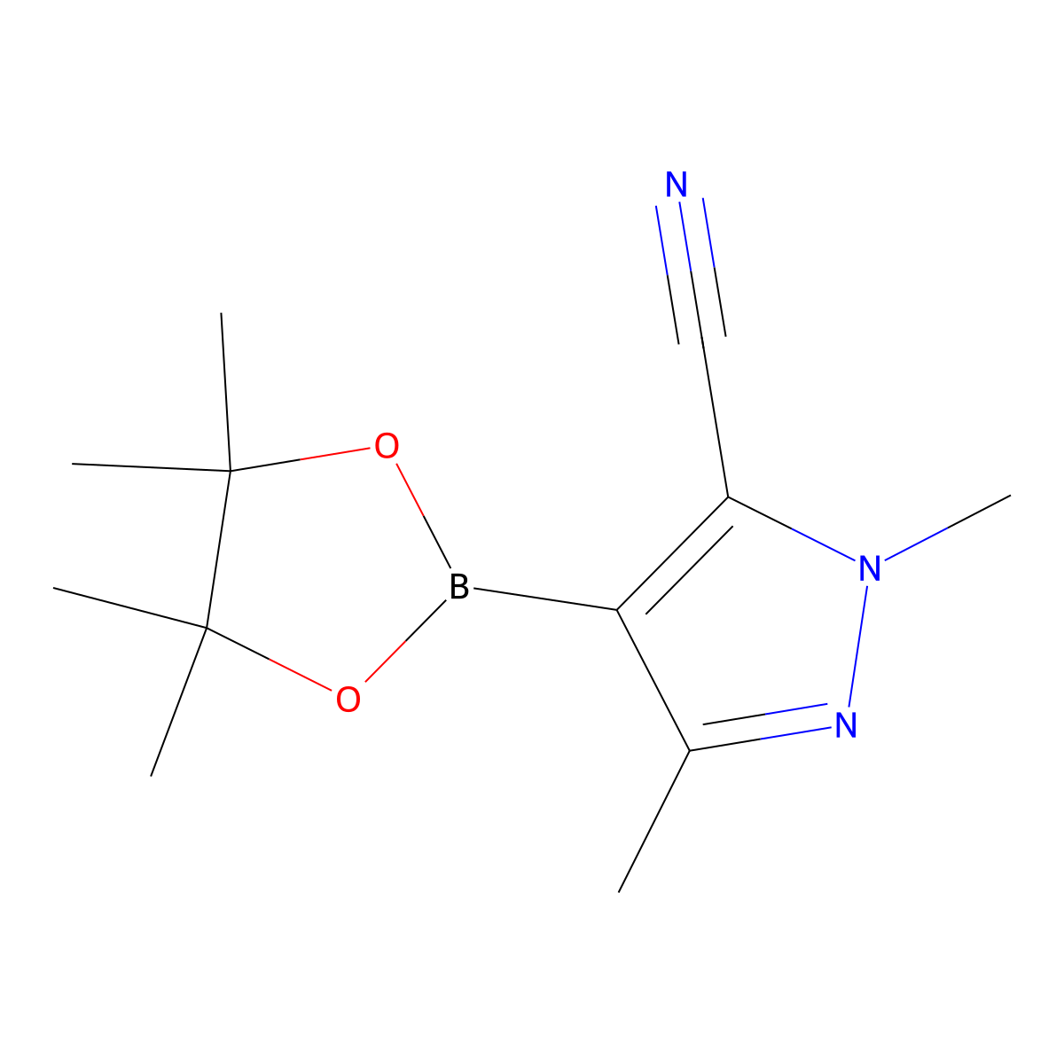 2,5-Dimethyl-4-(4,4,5,5-tetramethyl-1,3,2-dioxaborolan-2-yl)pyrazole-3-carbonitrile molecular structure, CAS 2489244-52-0