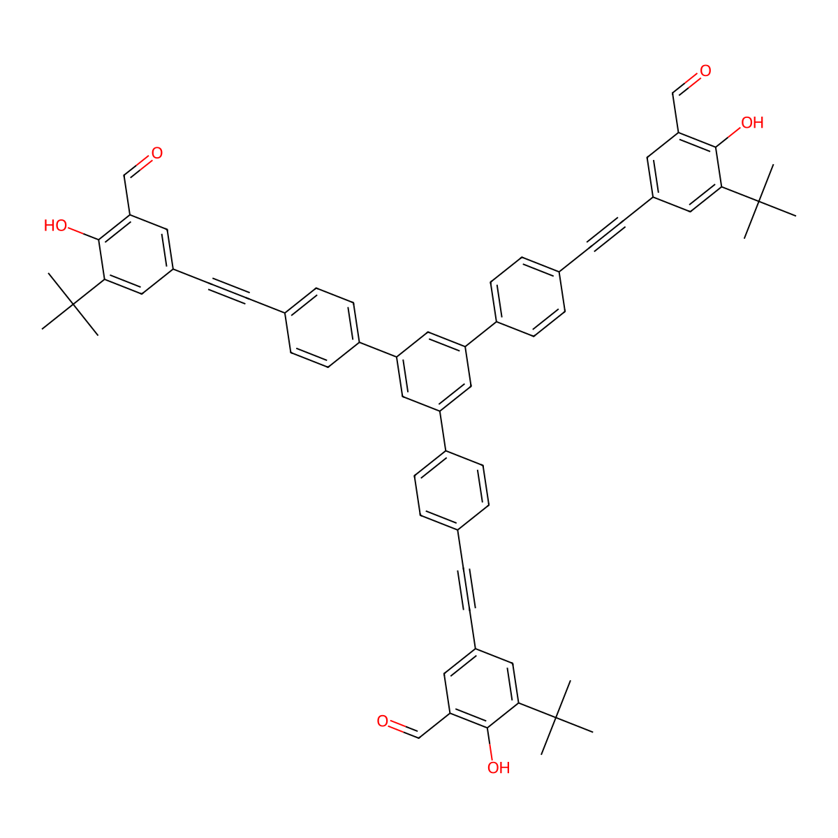 5,5'-((5'-(4-((3-(tert-Butyl)-5-formyl-4-hydroxyphenyl)ethynyl)phenyl)-[1,1':3',1''-terphenyl]-4,4''-diyl)bis(ethyne-2,1-diyl))bis(3-(tert-butyl)-2-hydroxybenzaldehyde) molecular structure, CAS 2489272-57-1