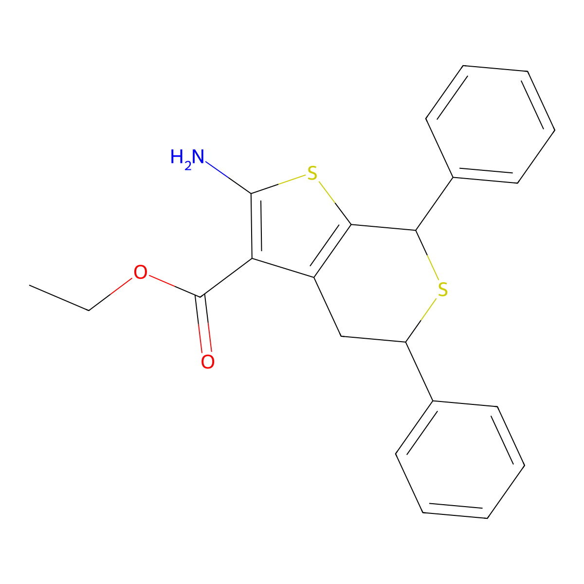 ethyl 2-amino-5,7-diphenyl-5,7-dihydro-4H-thieno[2,3-c]thiopyran-3-carboxylate molecular structure, CAS 24895-74-7