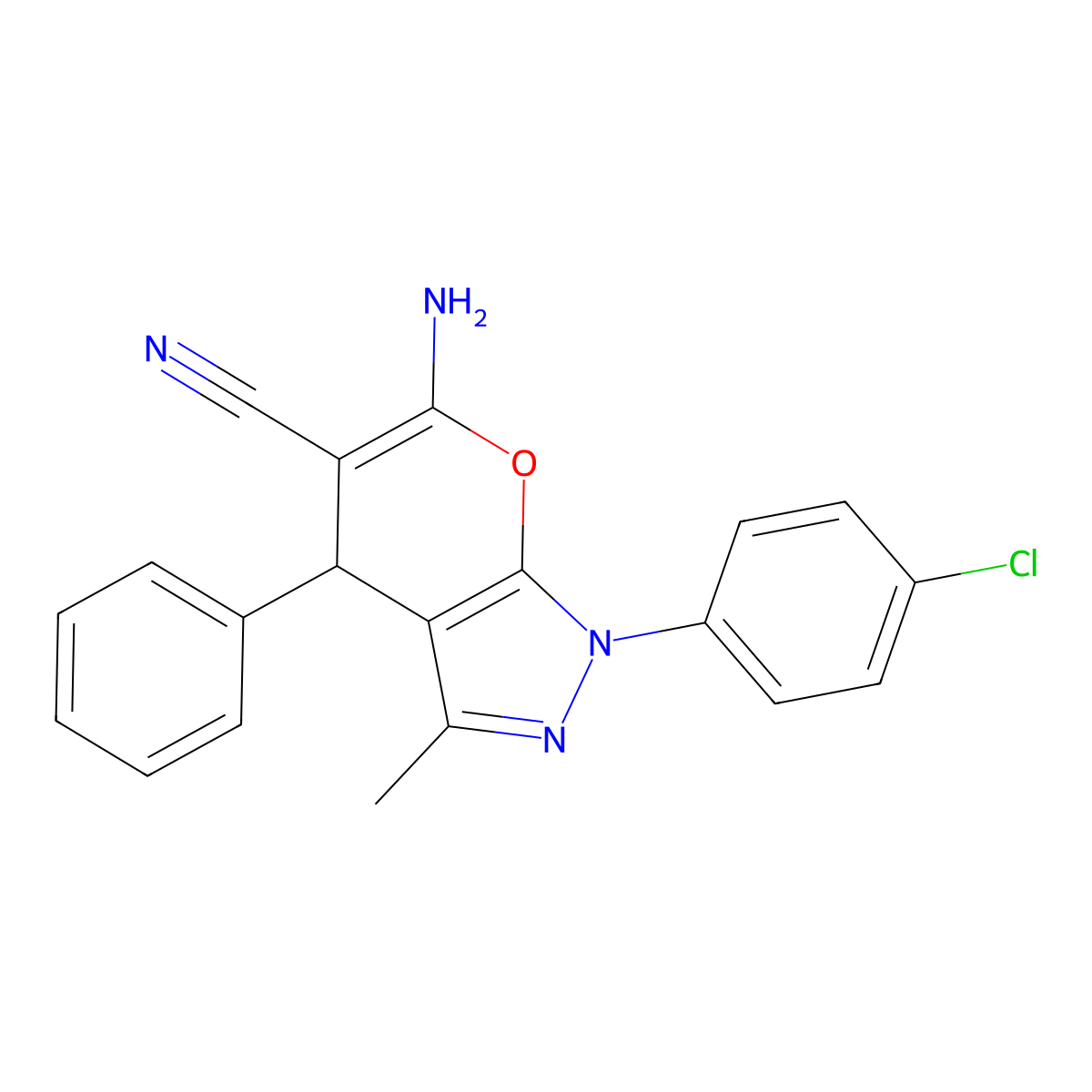 Pyrano[2,3-C]pyrazole-5-carbonitrile,6-amino-1-(4-chlorophenyl)-1,4-dihydro-3-methyl-4-phenyl- molecular structure, CAS 2489626-05-1