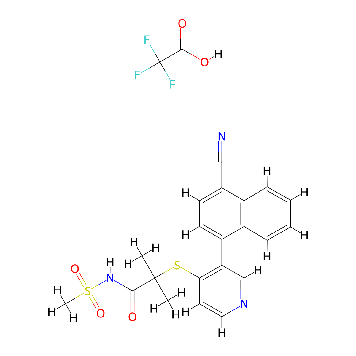 2-((3-(4-Cyanonaphthalen-1-yl)pyridin-4-yl)thio)-2-methyl-N-(methylsulfonyl)propanamide 2,2,2-trifluoroacetate molecular structure, CAS 2489680-21-7