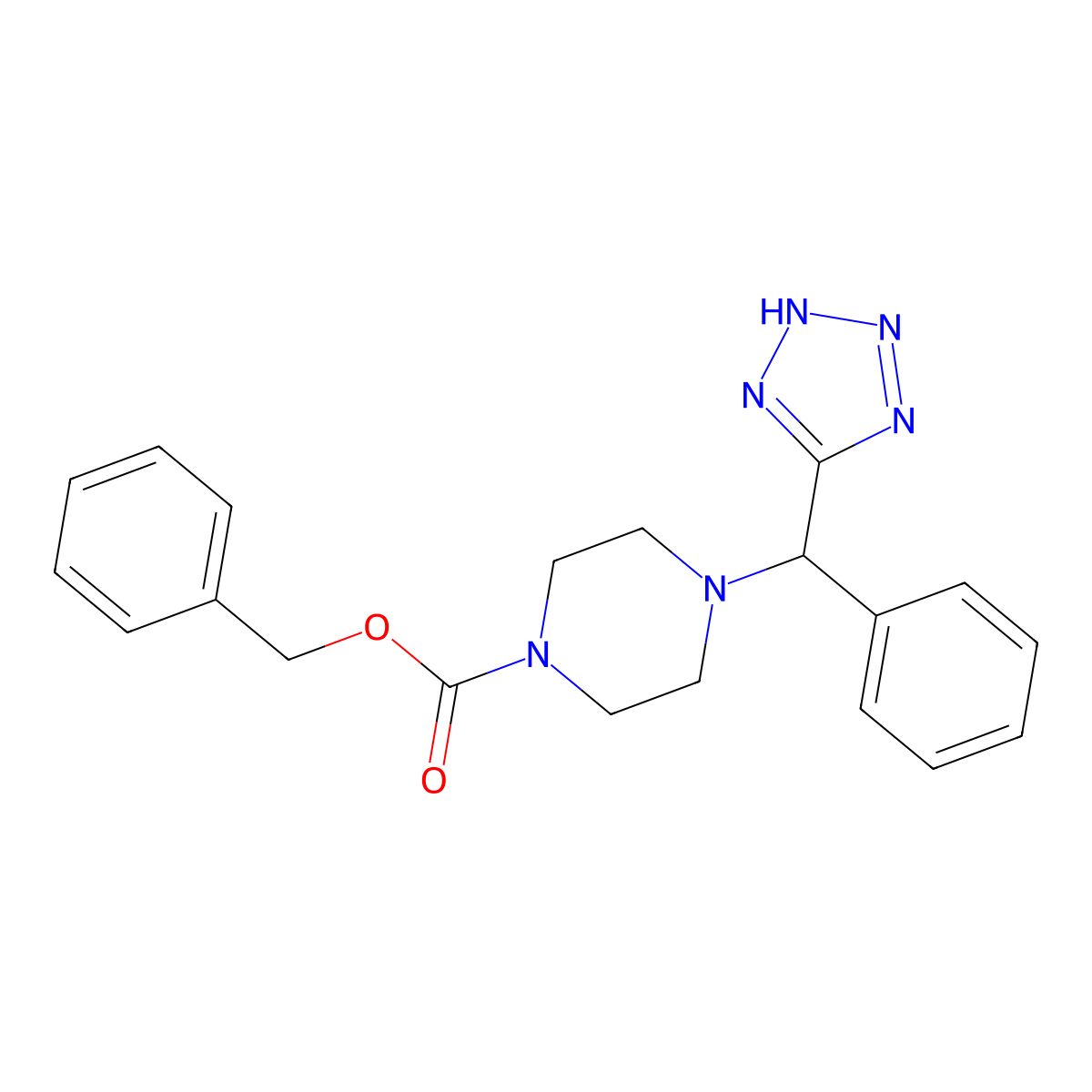 Benzyl 4-(phenyl(1H-tetrazol-5-yl)methyl)piperazine-1-carboxylate molecular structure, CAS 2489686-92-0