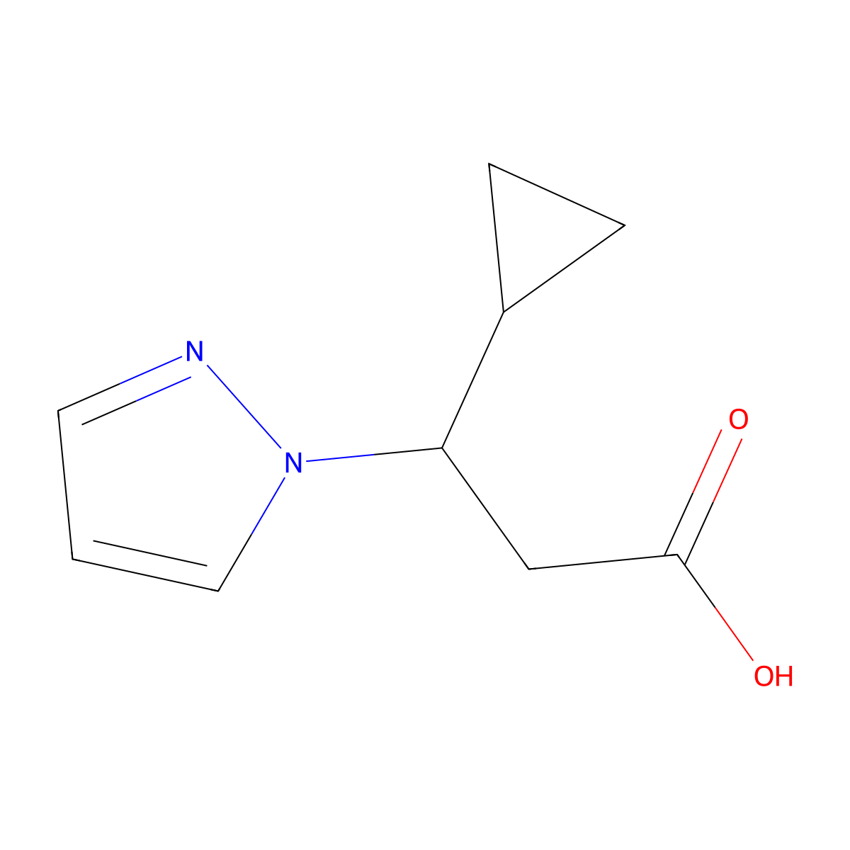 3-cyclopropyl-3-(1H-pyrazol-1-yl)propanoic acid molecular structure, CAS 2489784-16-7